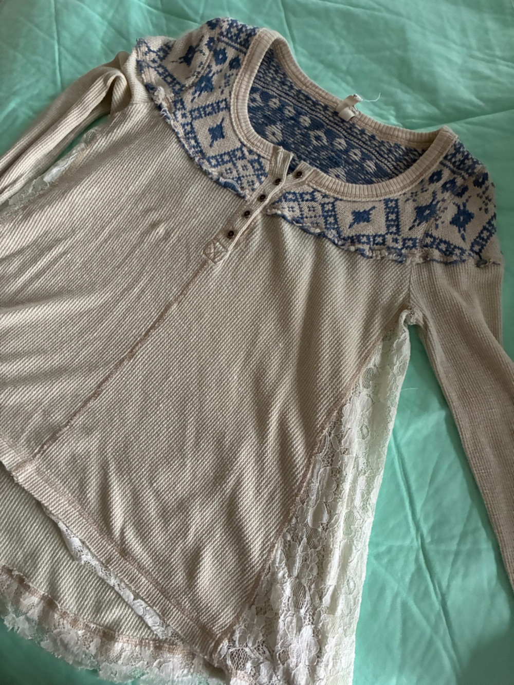 We The Free Cream Knit with Blue Fair Isle Yoke